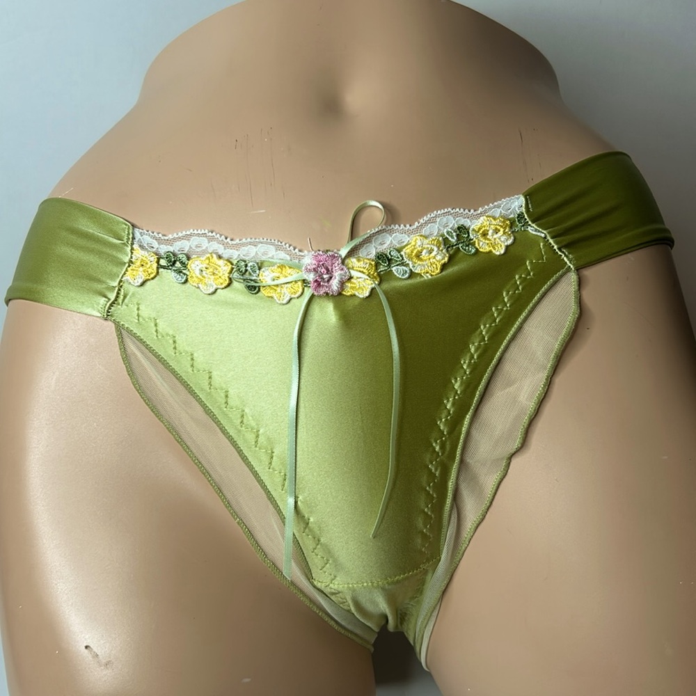 IZA Liquid Satin Moss Green Embroidered Floral Silky Stretch Feminine Panties - Picture 4 of 14